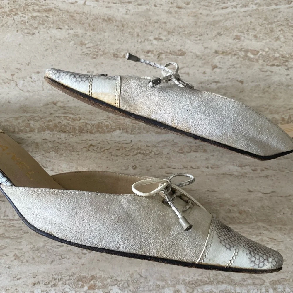 CHANEL Beige and White Mules with Bow Detail